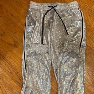 Kids Silver Glitter Iridescent Jogger Pants with pockets on each side